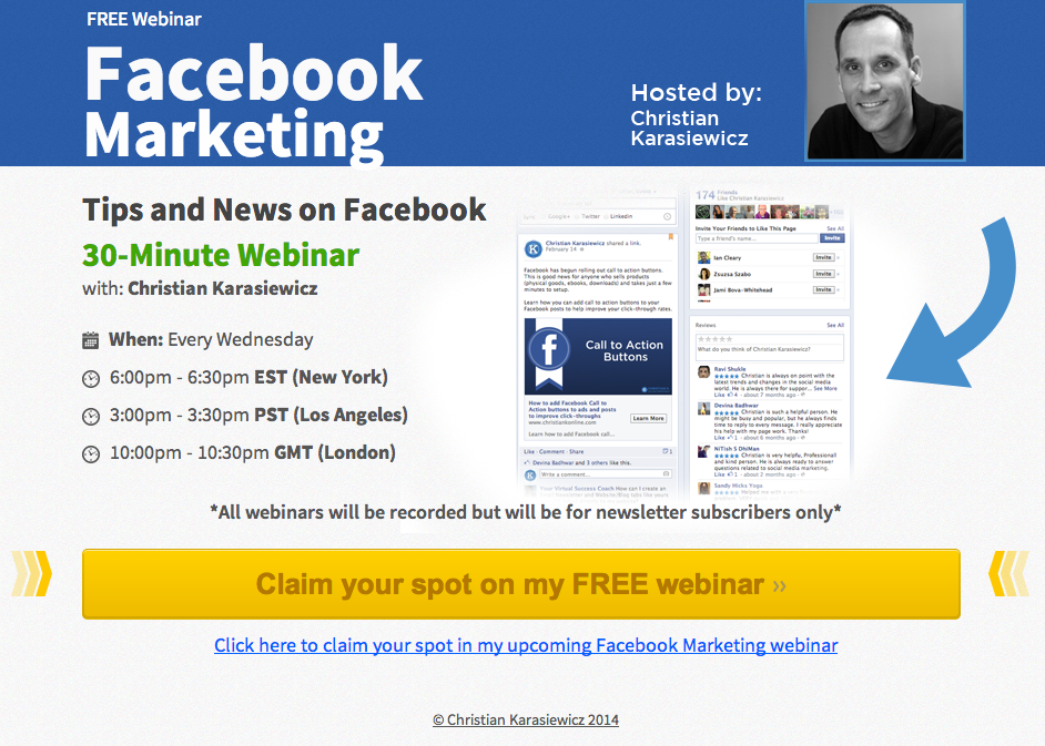 Facebook marketing webinar sign-up created with LeadPages