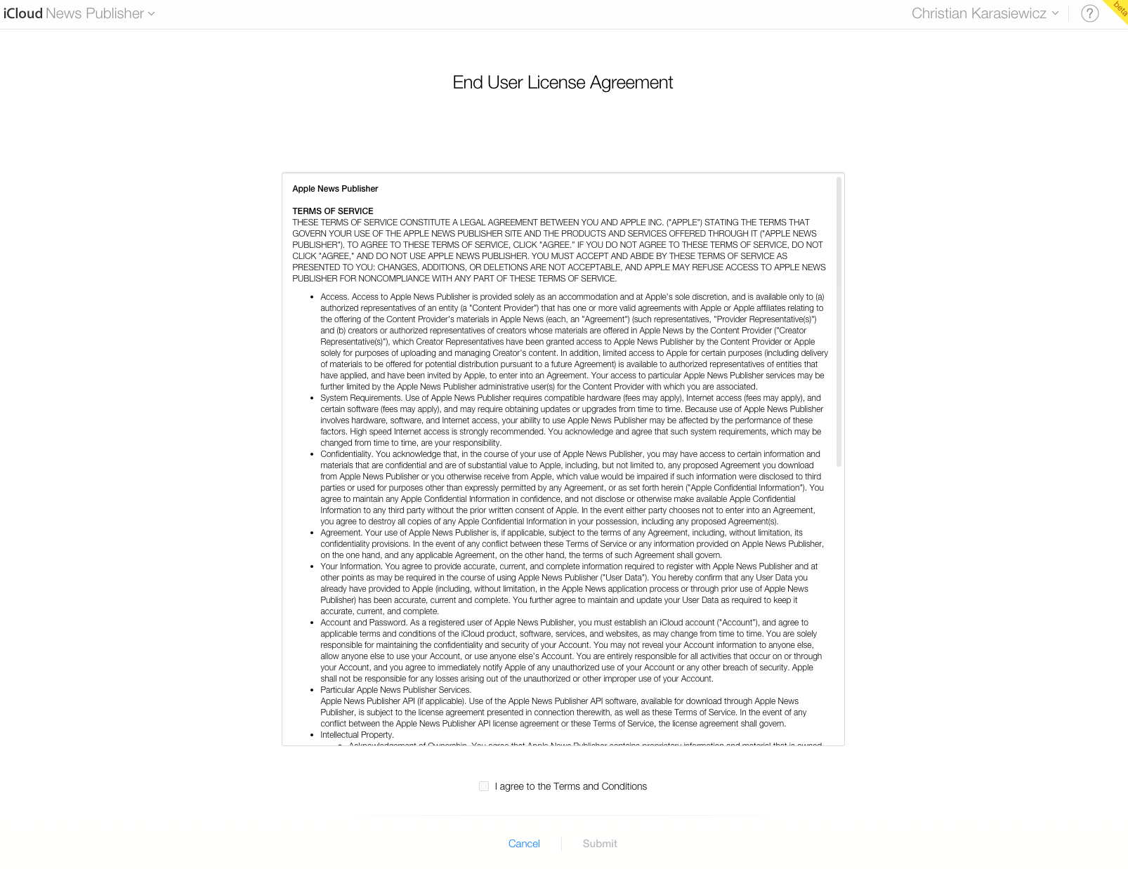 Apple News Publisher user agreement