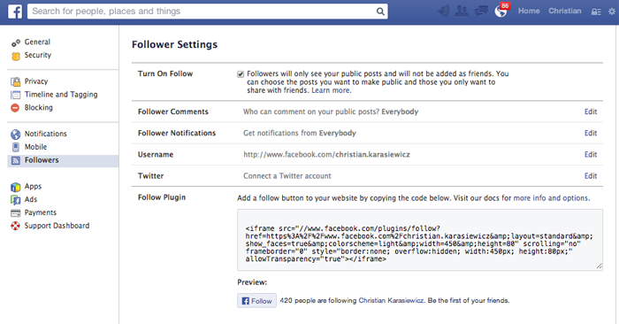 how to add follow me button on facebook